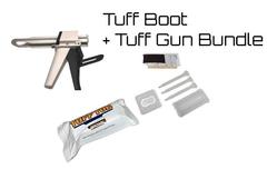 Product bundle showcasing a 'Tuff Gun' alongside a tube of 'TUFF TOE' boot protection and related application accessories.